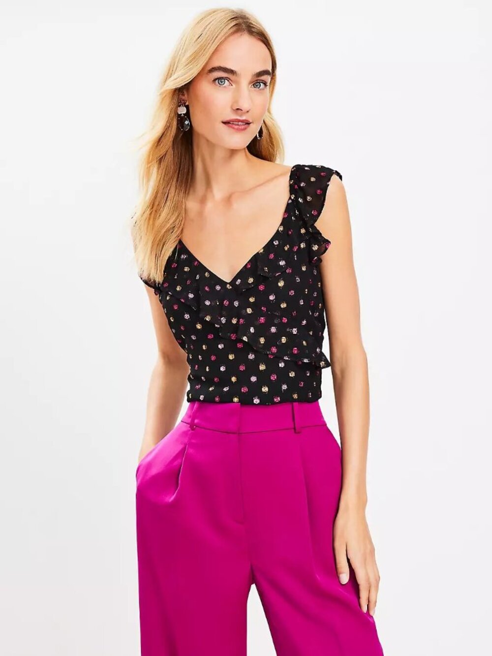 NWT Ann Taylor LOFT Womens Size Medium Crossover Ruffle Metallic Dot Top NEW